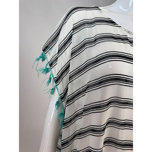 Black & White Striped Lightweight Kaftan With Tassels One Size 100% Polyester Wo - Picture 9 of 16